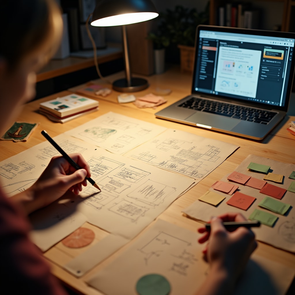 Design workspace with sketches and planning materials